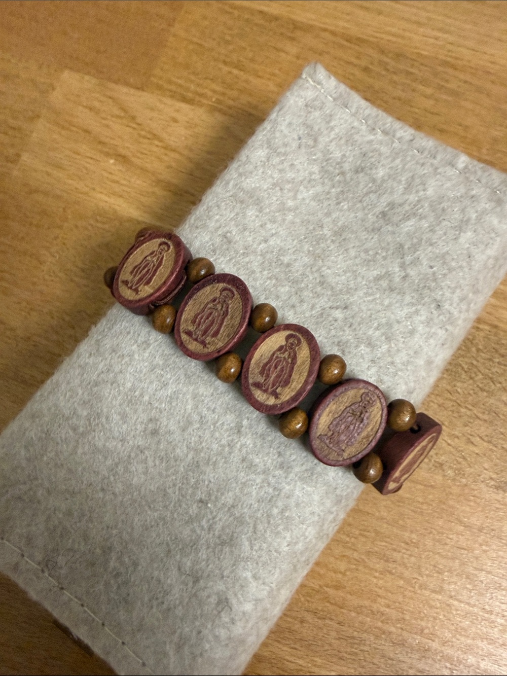 Wood beaded stretch saint profile bracelet religious church